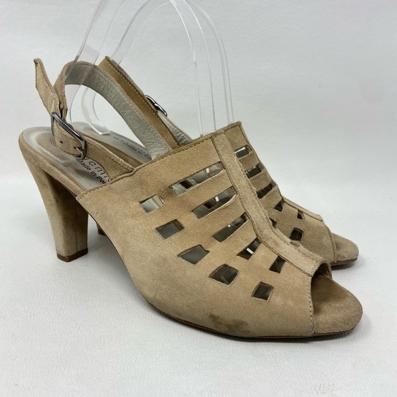 Eric Michael Light Tan Suede Chili Caged Cutout Slingback High Heel Sandals - Picture 2 of 13